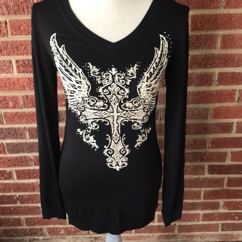 NWT Long Sleeve Black Top Cross with Wings in Ivory Rhinestones scattered within